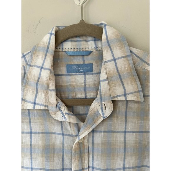 Toscano Aqua Mens M Medium White Blue Tan Plaid Button Down Dress Shirt 100% Lin - Picture 4 of 4